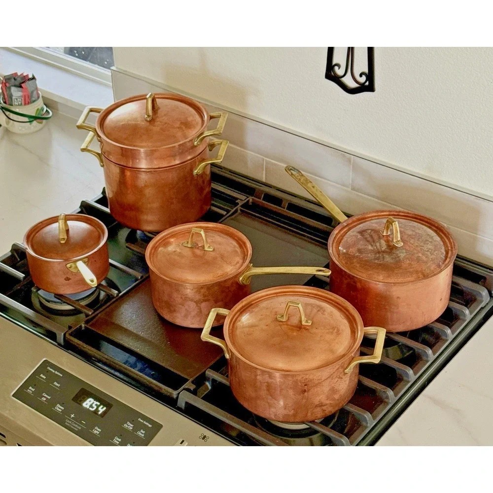 Copper Pans Paul Revere 11 Pc Cookware Set Brass Handles USA Vintage Signed